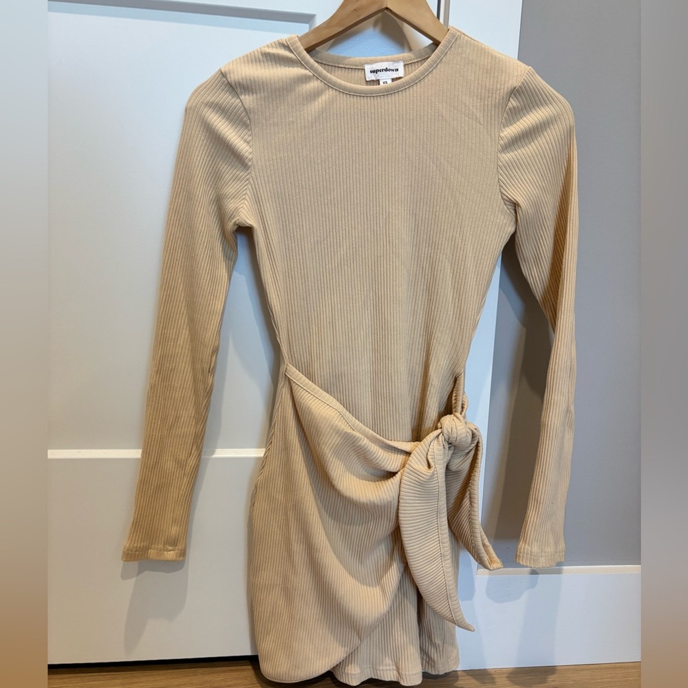 Superdown Beige Ribbed Dress with Knot